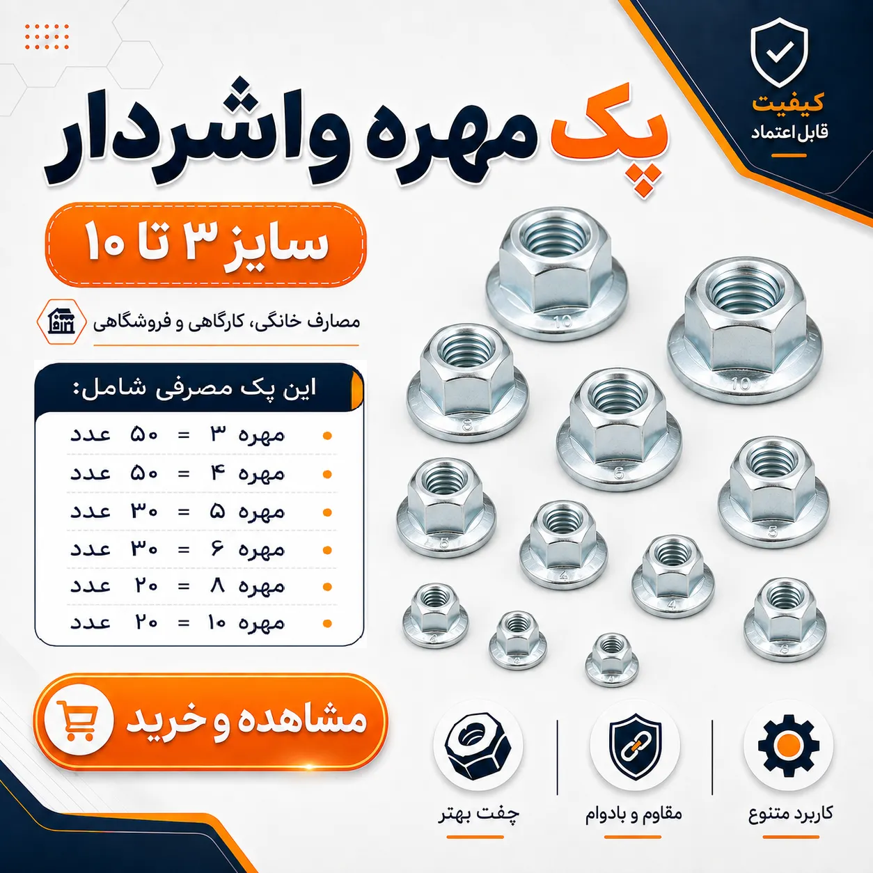 پک مصرفی مهره واشردار 3 ، ۴ ، ۵ ،۶ ، ۸ ، ۱۰