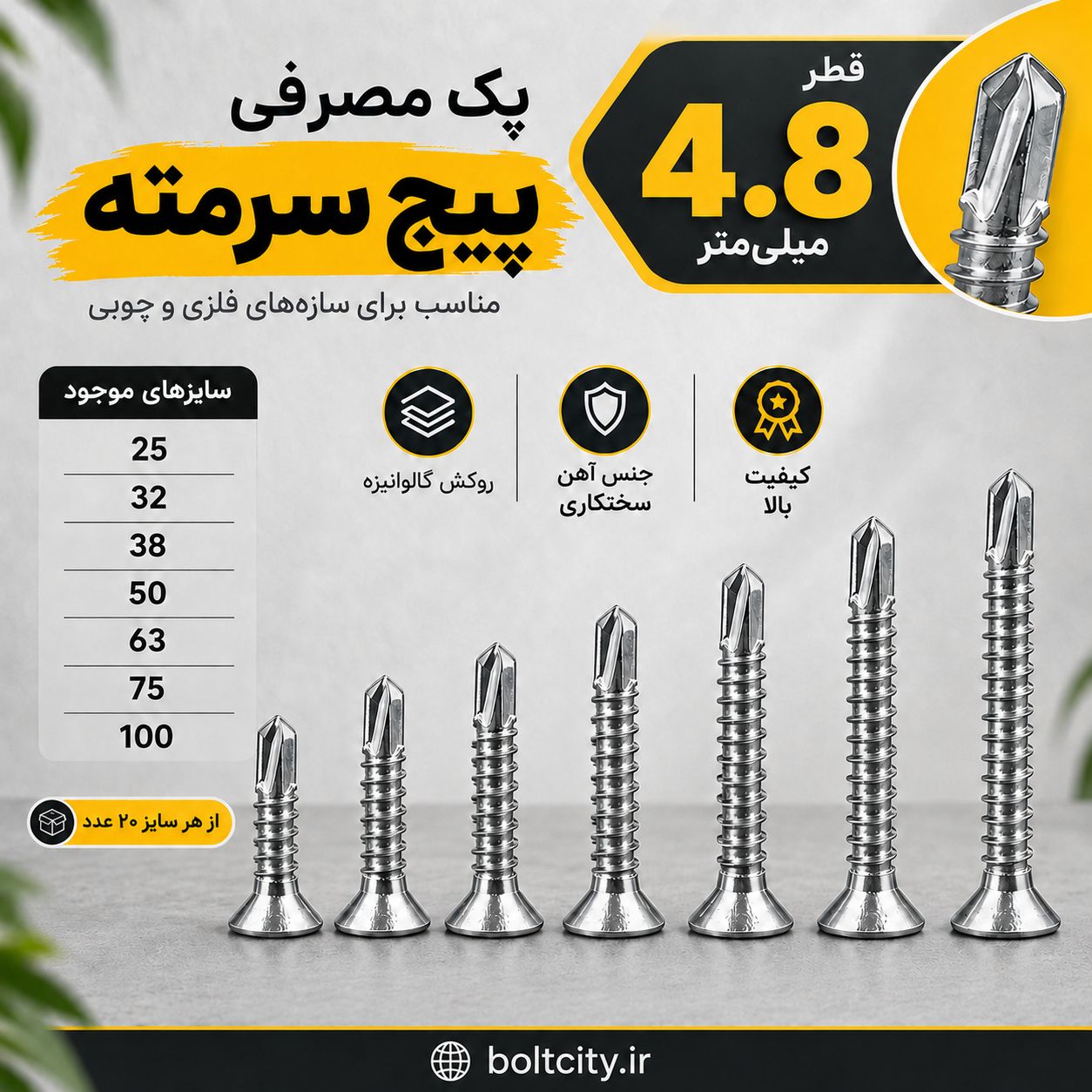 پک مصرفی پیچ سرتخت سرمته قطر 4.8
